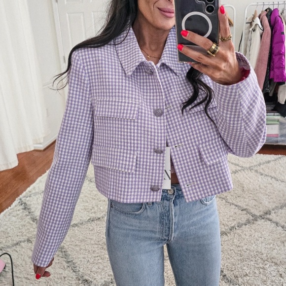 Zara purple/white checkered cropped blazer NWT - Picture 4 of 10